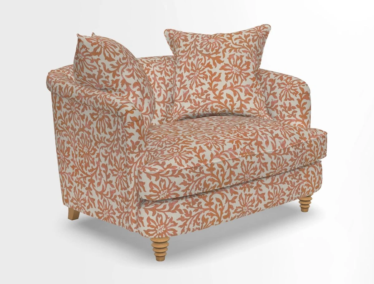 Helmsley Snuggler in V&A Threads of India Opulent Velvets Forest Creatures Hunter piping in Swiss Velvet Olive and scatter in Stockport Stripe Flame