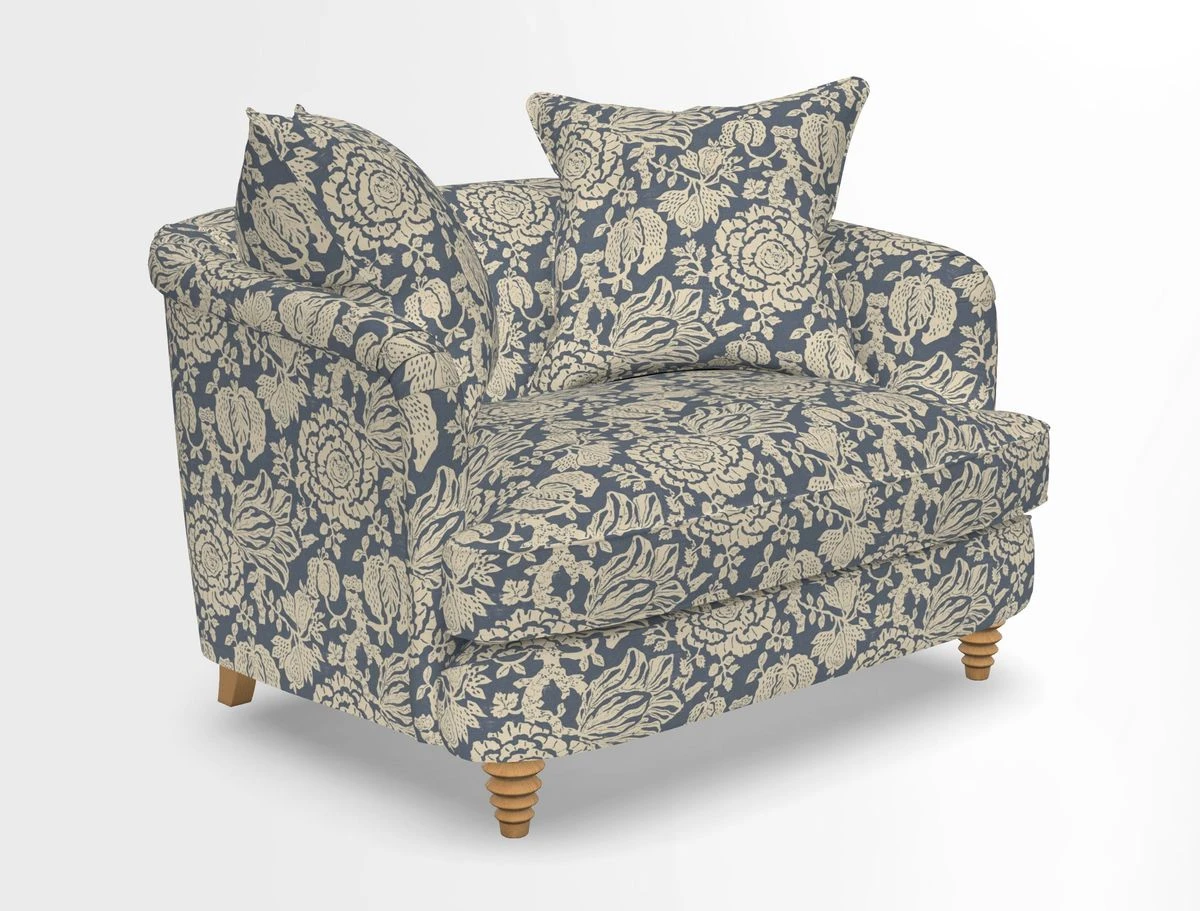 Helmsley Snuggler in V&A Threads of India Opulent Velvets Forest Creatures Hunter piping in Swiss Velvet Olive and scatter in Stockport Stripe Flame