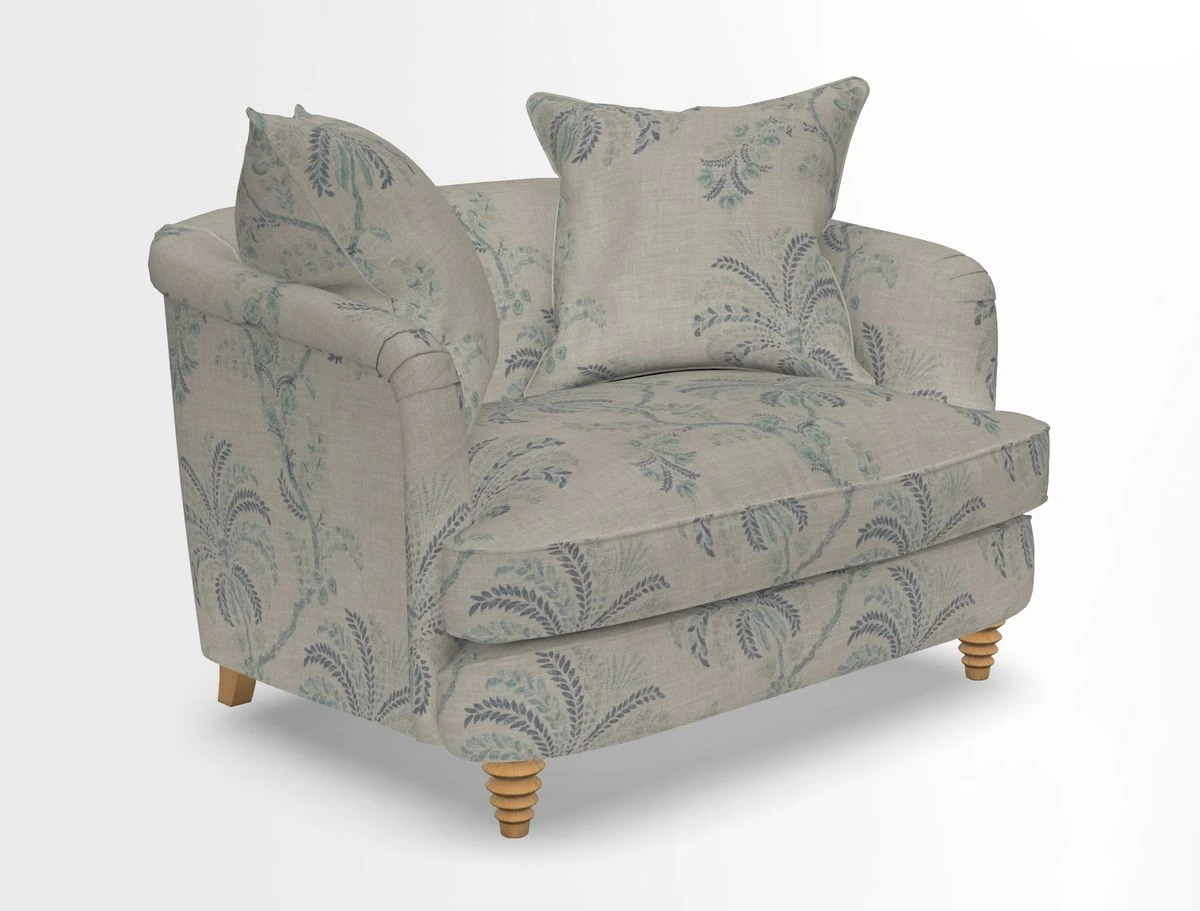 Helmsley Snuggler in V&A Threads of India Opulent Velvets Forest Creatures Hunter piping in Swiss Velvet Olive and scatter in Stockport Stripe Flame
