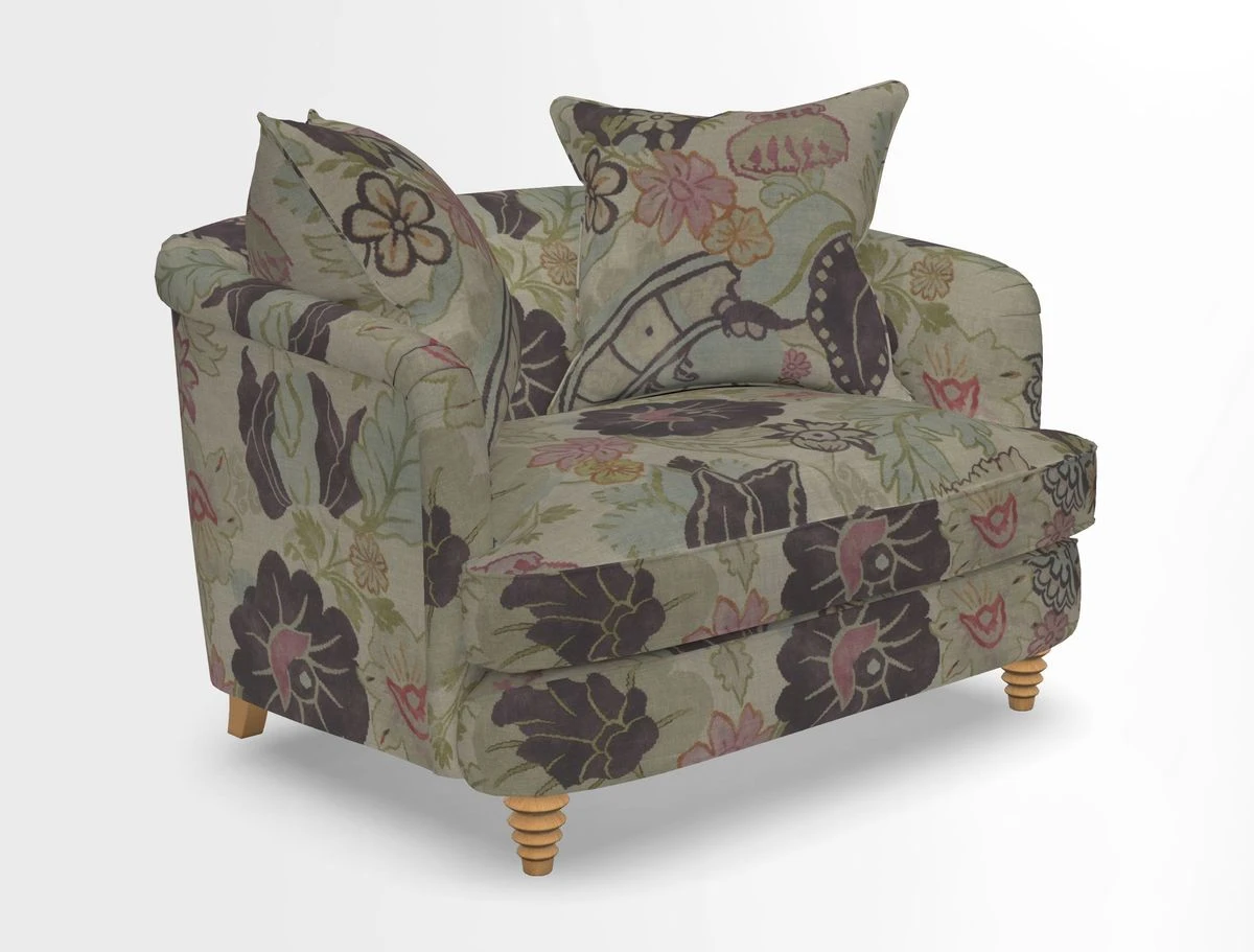 Helmsley Snuggler in V&A Threads of India Opulent Velvets Forest Creatures Hunter piping in Swiss Velvet Olive and scatter in Stockport Stripe Flame