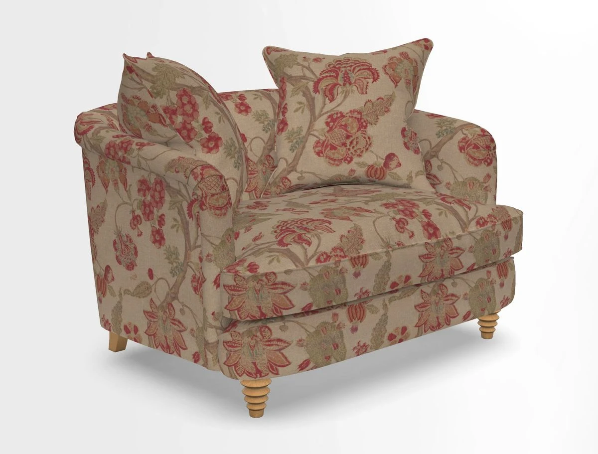 Helmsley Snuggler in V&A Threads of India Opulent Velvets Forest Creatures Hunter piping in Swiss Velvet Olive and scatter in Stockport Stripe Flame