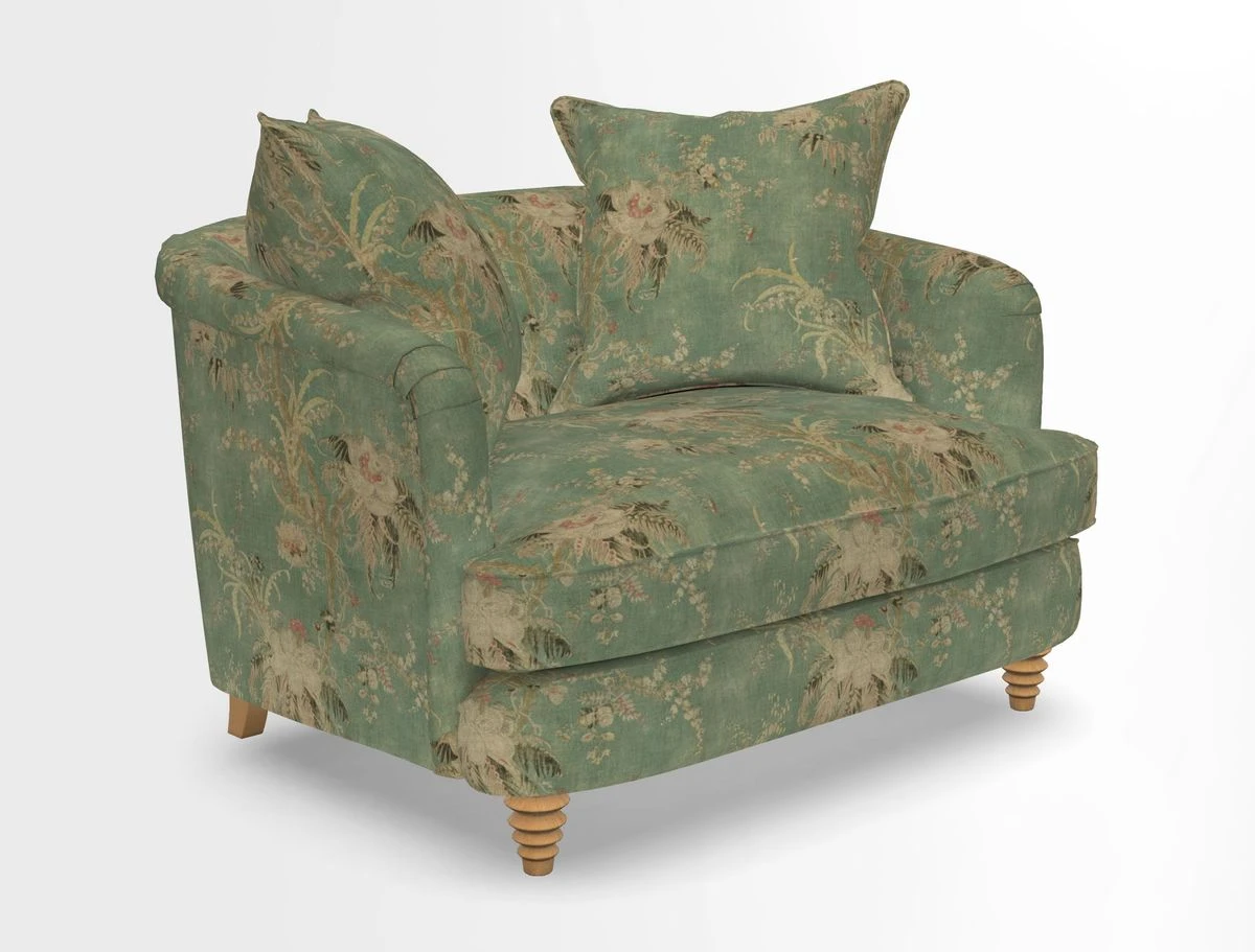 Helmsley Snuggler in V&A Threads of India Opulent Velvets Forest Creatures Hunter piping in Swiss Velvet Olive and scatter in Stockport Stripe Flame