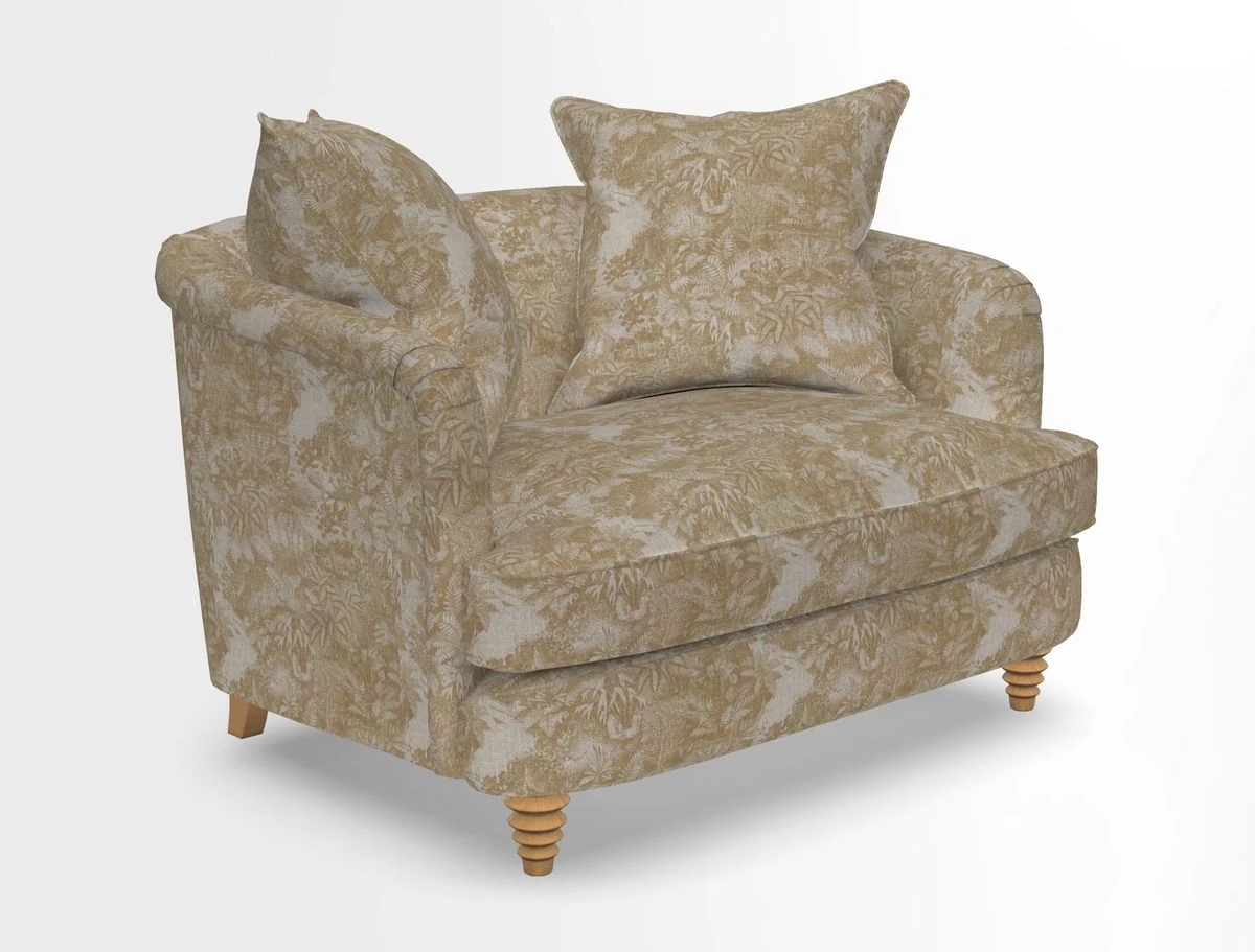 Helmsley Snuggler in V&A Threads of India Opulent Velvets Forest Creatures Hunter piping in Swiss Velvet Olive and scatter in Stockport Stripe Flame
