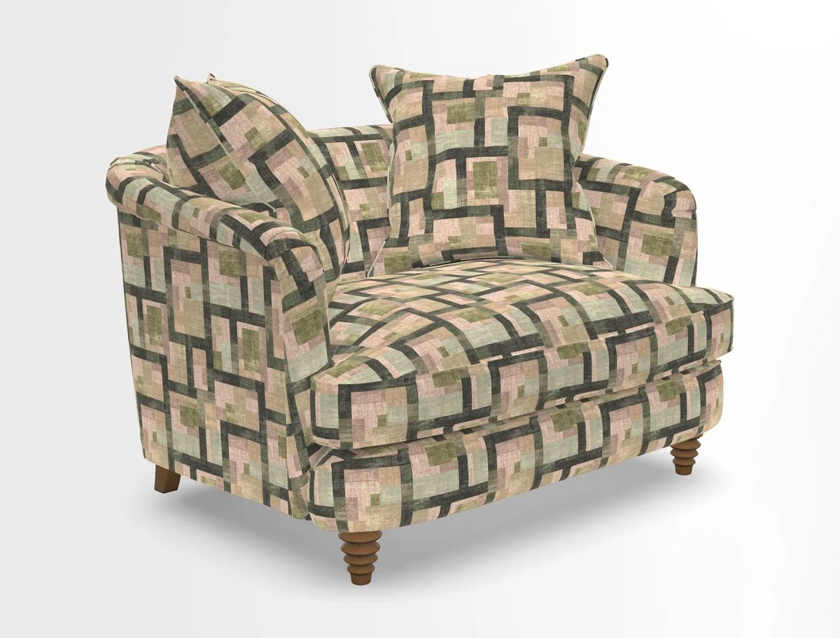 Helmsley Snuggler in V&A Threads of India Opulent Velvets Forest Creatures Hunter piping in Swiss Velvet Olive and scatter in Stockport Stripe Flame