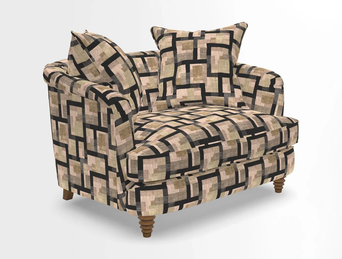 Helmsley Snuggler in V&A Threads of India Opulent Velvets Forest Creatures Hunter piping in Swiss Velvet Olive and scatter in Stockport Stripe Flame