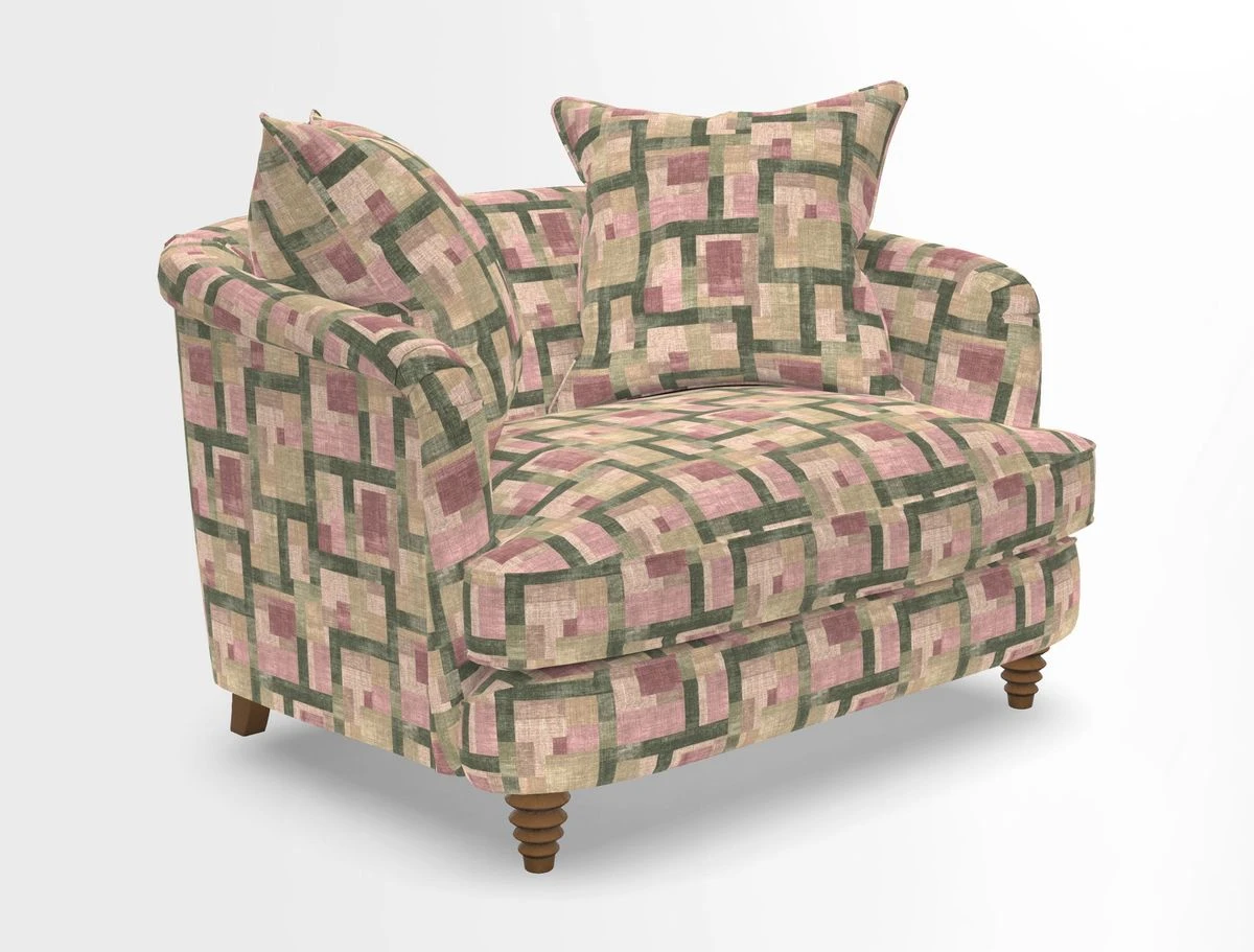 Helmsley Snuggler in V&A Threads of India Opulent Velvets Forest Creatures Hunter piping in Swiss Velvet Olive and scatter in Stockport Stripe Flame