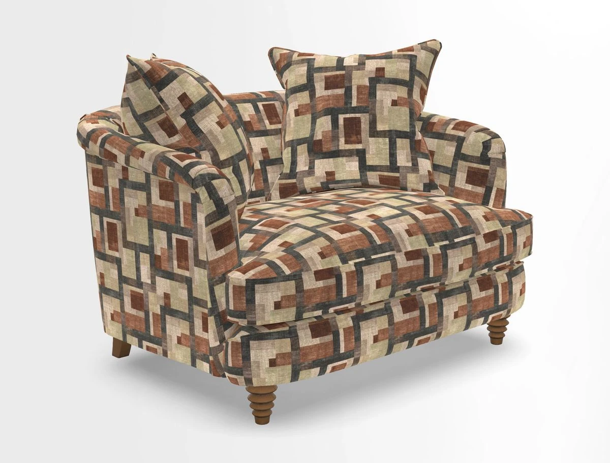 Helmsley Snuggler in V&A Threads of India Opulent Velvets Forest Creatures Hunter piping in Swiss Velvet Olive and scatter in Stockport Stripe Flame