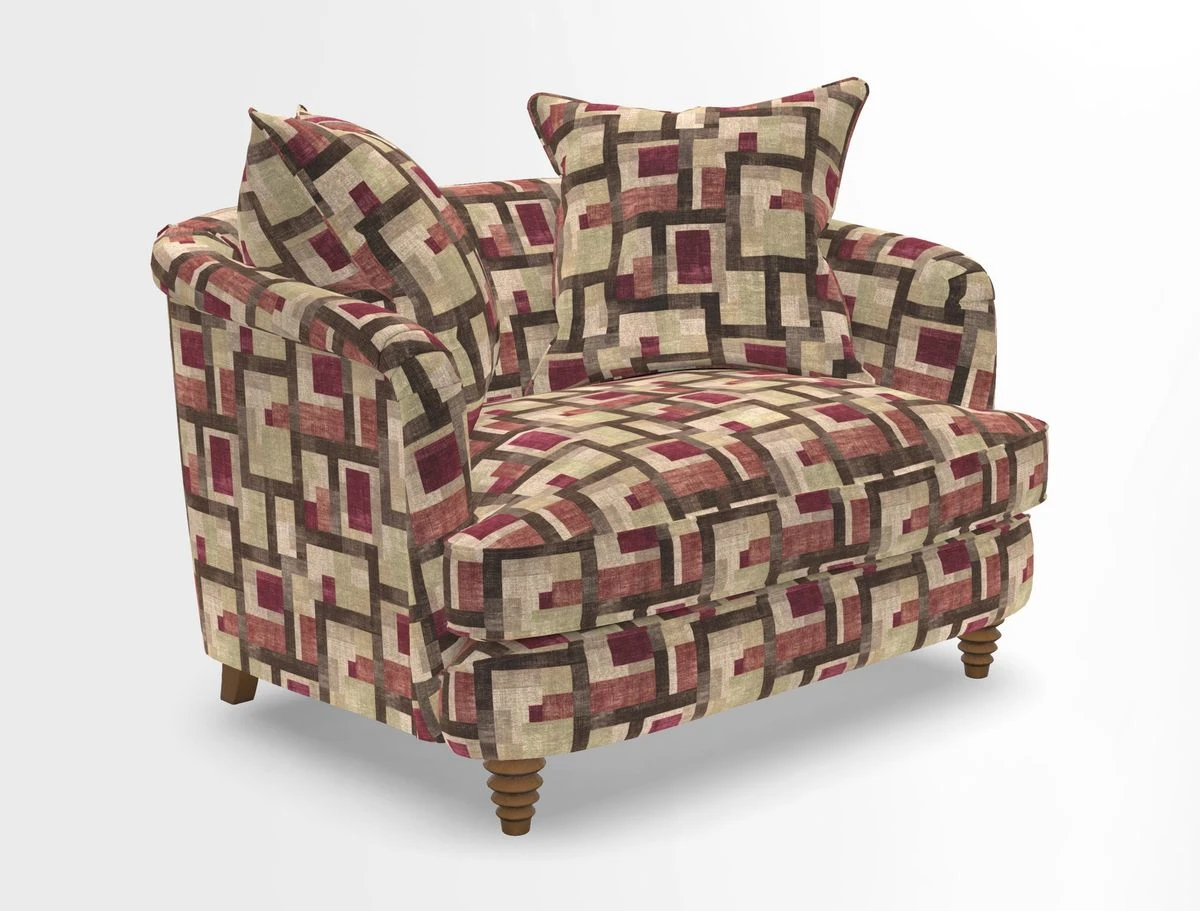 Helmsley Snuggler in V&A Threads of India Opulent Velvets Forest Creatures Hunter piping in Swiss Velvet Olive and scatter in Stockport Stripe Flame