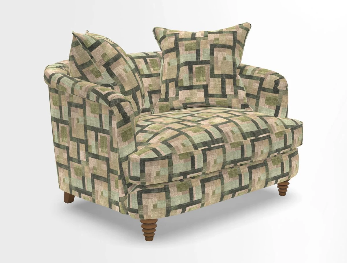 Helmsley Snuggler in V&A Threads of India Opulent Velvets Forest Creatures Hunter piping in Swiss Velvet Olive and scatter in Stockport Stripe Flame