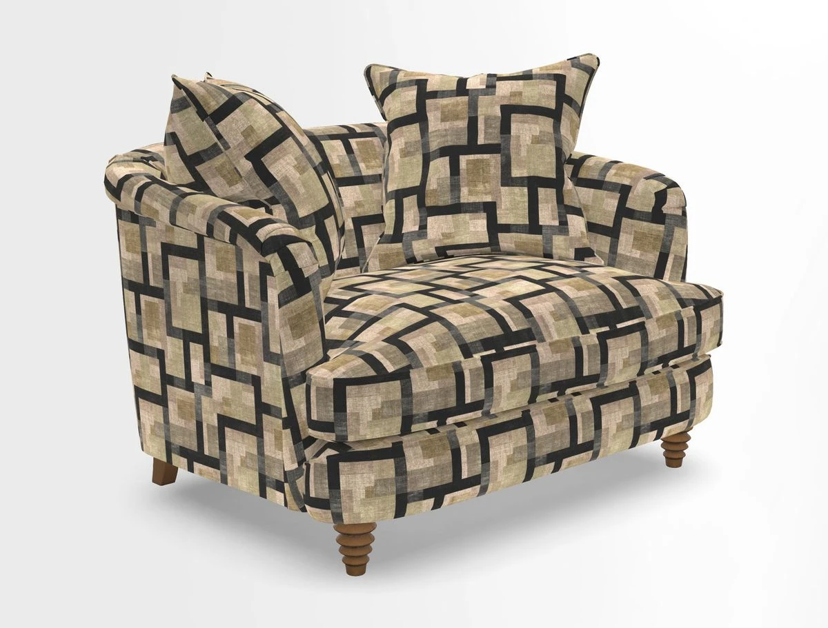 Helmsley Snuggler in V&A Threads of India Opulent Velvets Forest Creatures Hunter piping in Swiss Velvet Olive and scatter in Stockport Stripe Flame