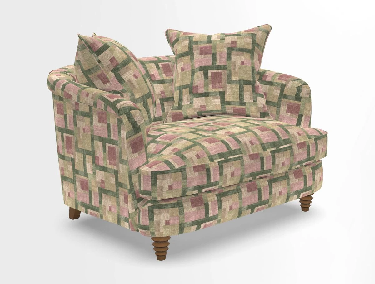 Helmsley Snuggler in V&A Threads of India Opulent Velvets Forest Creatures Hunter piping in Swiss Velvet Olive and scatter in Stockport Stripe Flame