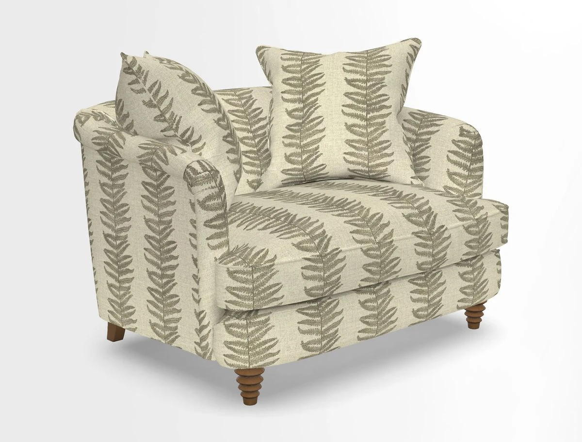 Helmsley Snuggler in V&A Threads of India Opulent Velvets Forest Creatures Hunter piping in Swiss Velvet Olive and scatter in Stockport Stripe Flame