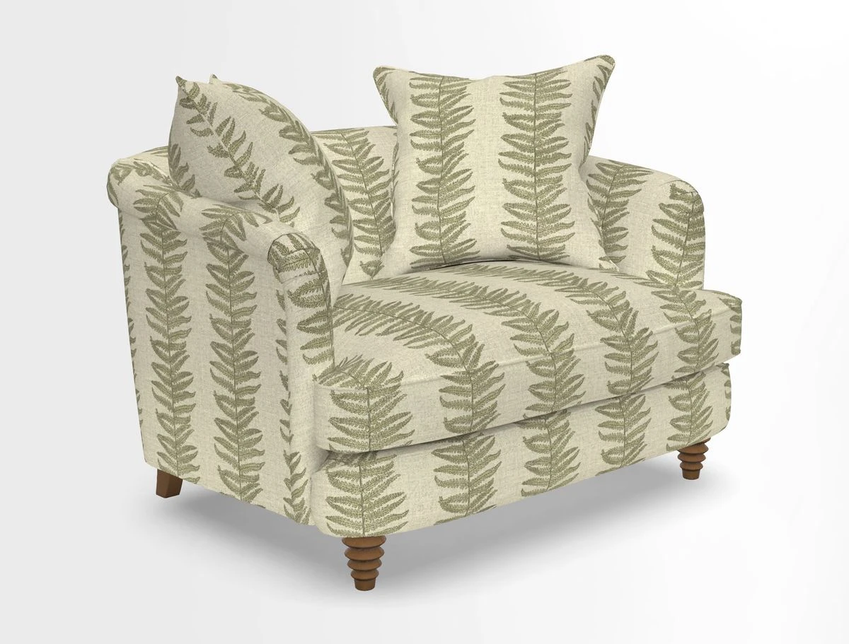 Helmsley Snuggler in V&A Threads of India Opulent Velvets Forest Creatures Hunter piping in Swiss Velvet Olive and scatter in Stockport Stripe Flame