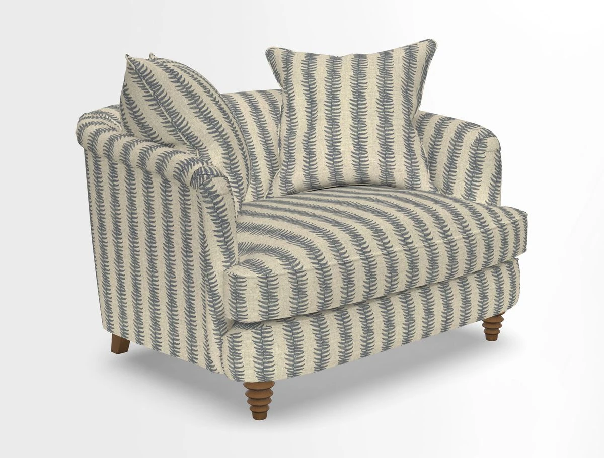 Helmsley Snuggler in V&A Threads of India Opulent Velvets Forest Creatures Hunter piping in Swiss Velvet Olive and scatter in Stockport Stripe Flame