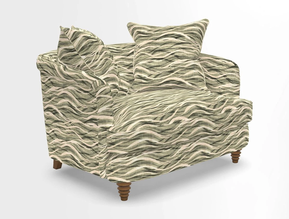 Helmsley Snuggler in V&A Threads of India Opulent Velvets Forest Creatures Hunter piping in Swiss Velvet Olive and scatter in Stockport Stripe Flame