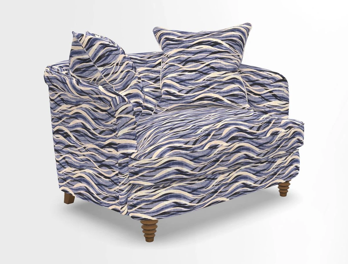 Helmsley Snuggler in V&A Threads of India Opulent Velvets Forest Creatures Hunter piping in Swiss Velvet Olive and scatter in Stockport Stripe Flame