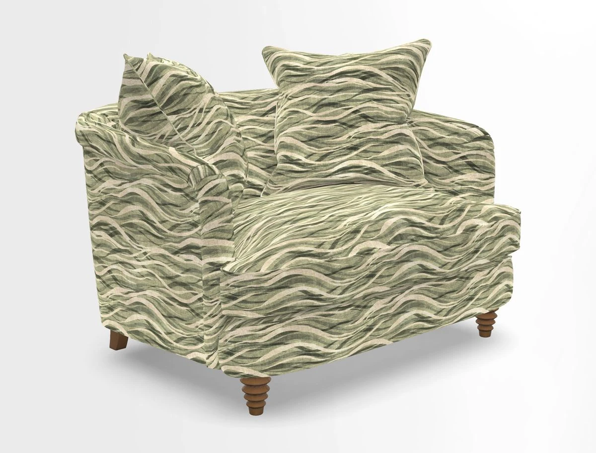 Helmsley Snuggler in V&A Threads of India Opulent Velvets Forest Creatures Hunter piping in Swiss Velvet Olive and scatter in Stockport Stripe Flame