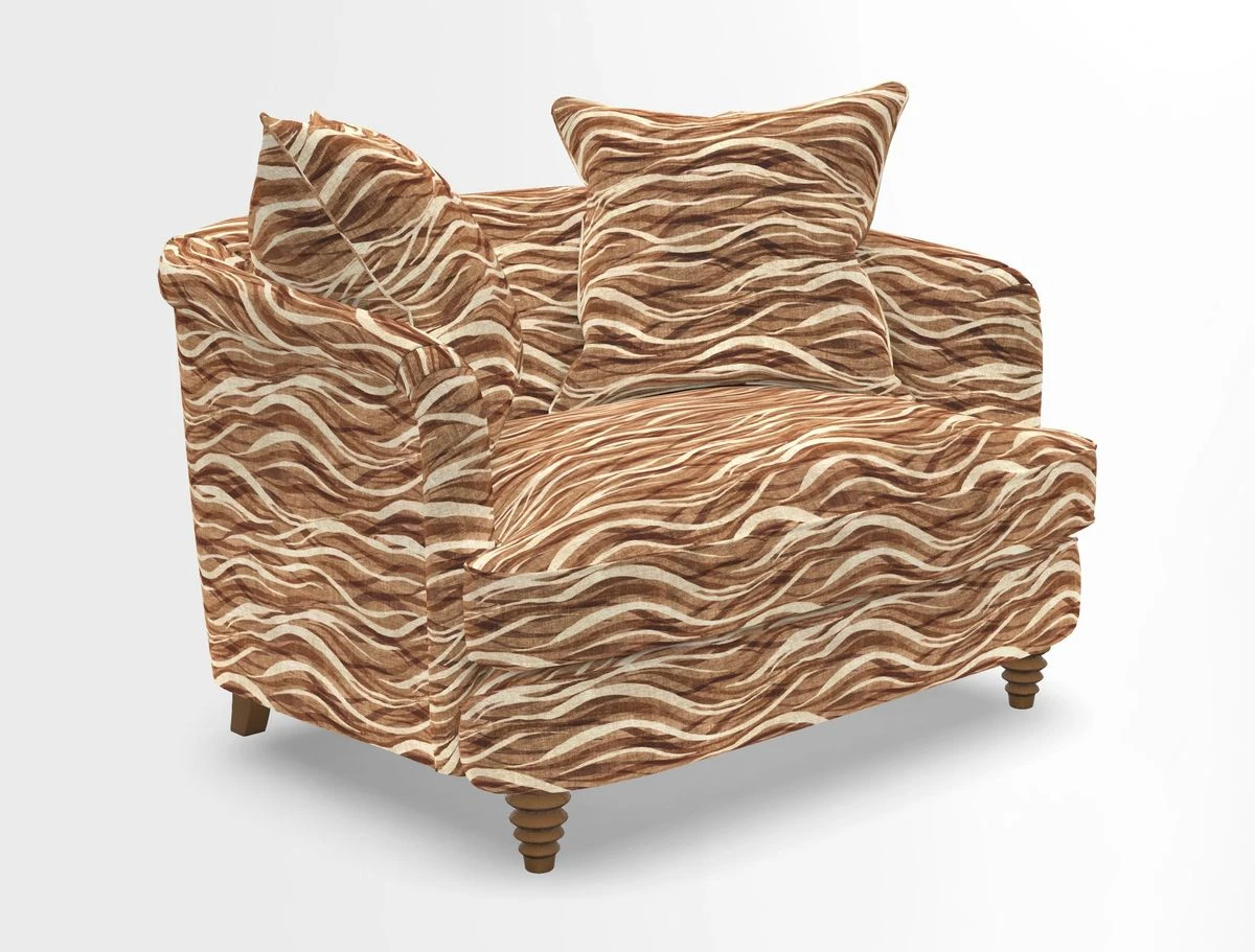 Helmsley Snuggler in V&A Threads of India Opulent Velvets Forest Creatures Hunter piping in Swiss Velvet Olive and scatter in Stockport Stripe Flame