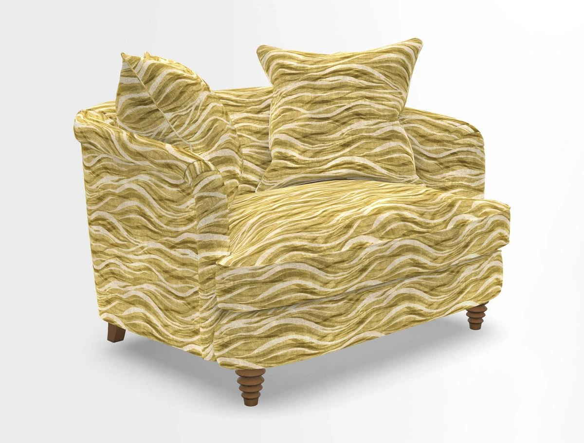 Helmsley Snuggler in V&A Threads of India Opulent Velvets Forest Creatures Hunter piping in Swiss Velvet Olive and scatter in Stockport Stripe Flame