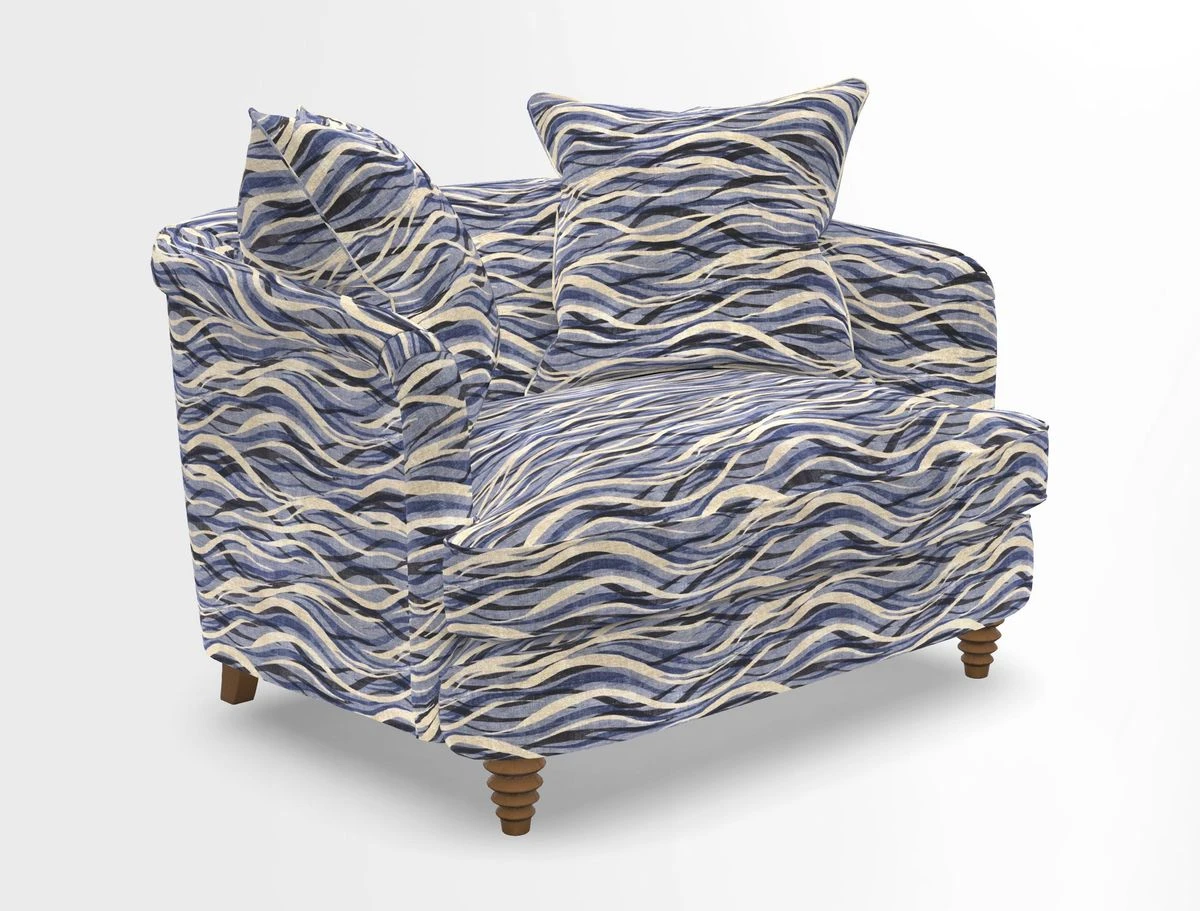 Helmsley Snuggler in V&A Threads of India Opulent Velvets Forest Creatures Hunter piping in Swiss Velvet Olive and scatter in Stockport Stripe Flame