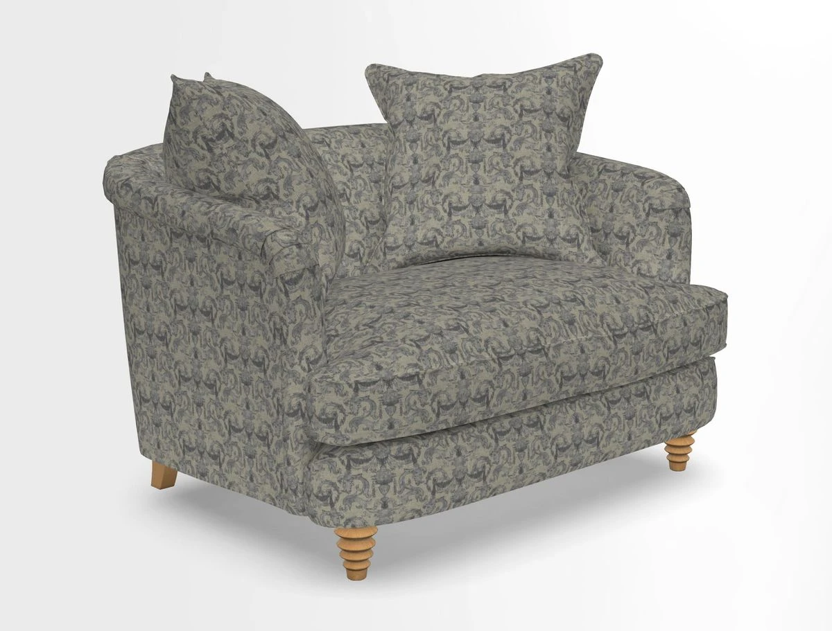 Helmsley Snuggler in V&A Threads of India Opulent Velvets Forest Creatures Hunter piping in Swiss Velvet Olive and scatter in Stockport Stripe Flame
