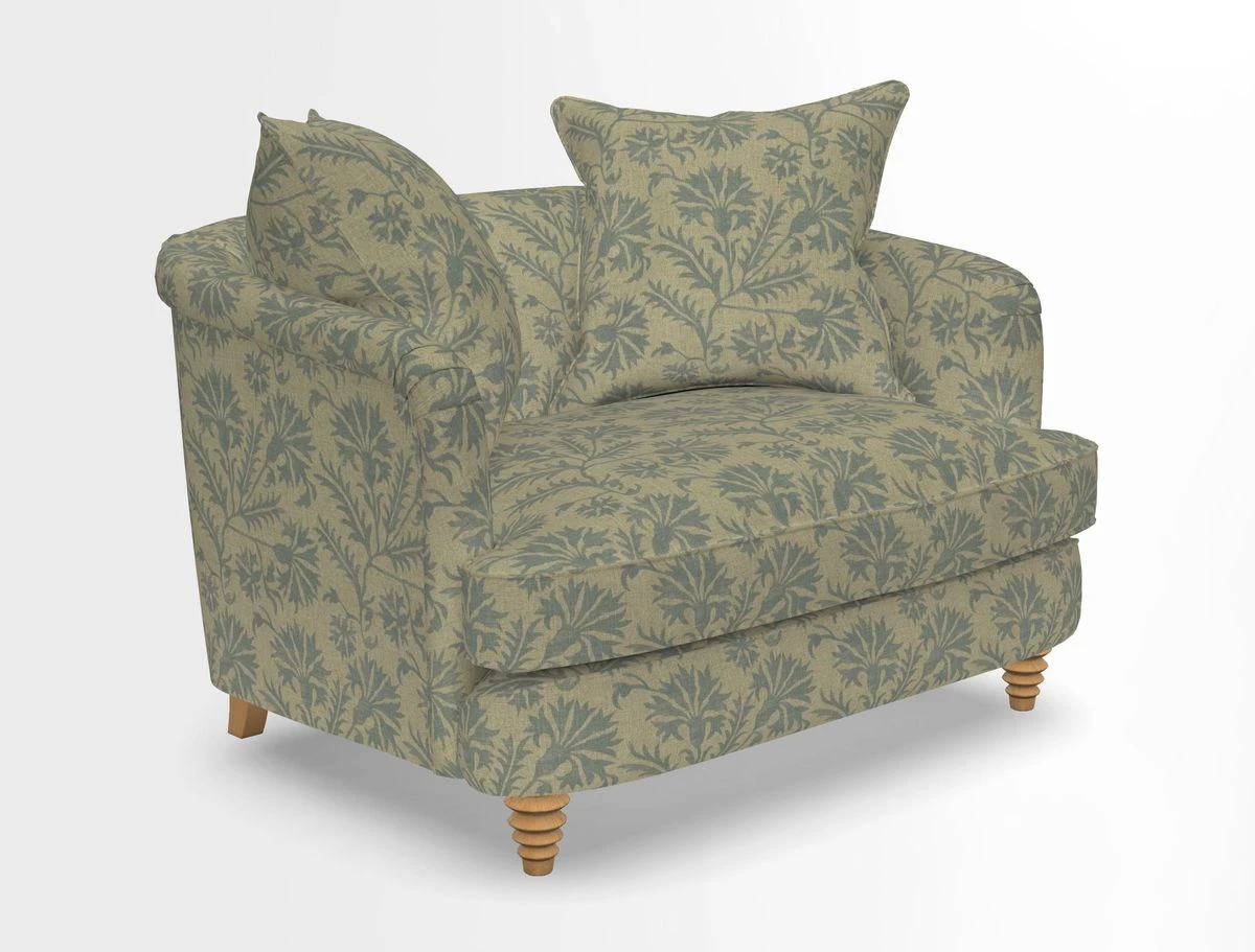 Helmsley Snuggler in V&A Threads of India Opulent Velvets Forest Creatures Hunter piping in Swiss Velvet Olive and scatter in Stockport Stripe Flame