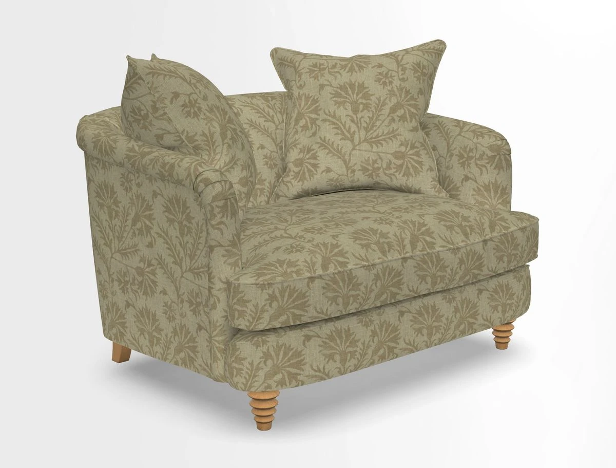 Helmsley Snuggler in V&A Threads of India Opulent Velvets Forest Creatures Hunter piping in Swiss Velvet Olive and scatter in Stockport Stripe Flame