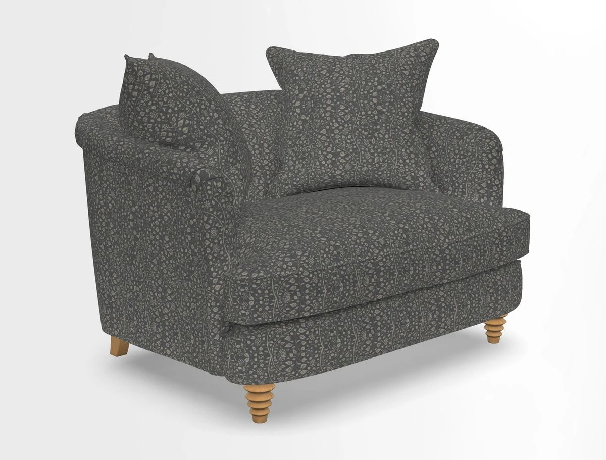 Helmsley Snuggler in V&A Threads of India Opulent Velvets Forest Creatures Hunter piping in Swiss Velvet Olive and scatter in Stockport Stripe Flame