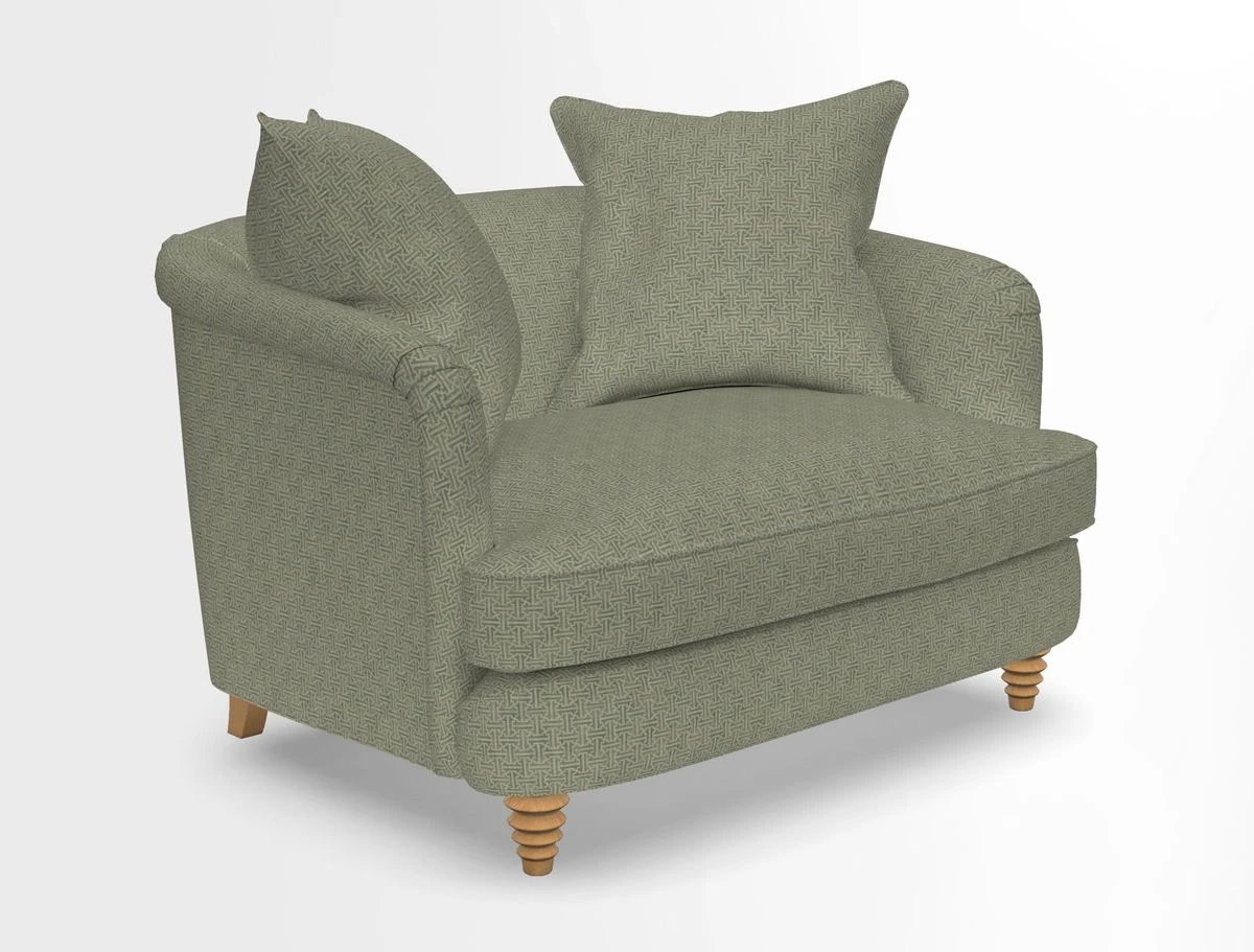 Helmsley Snuggler in V&A Threads of India Opulent Velvets Forest Creatures Hunter piping in Swiss Velvet Olive and scatter in Stockport Stripe Flame