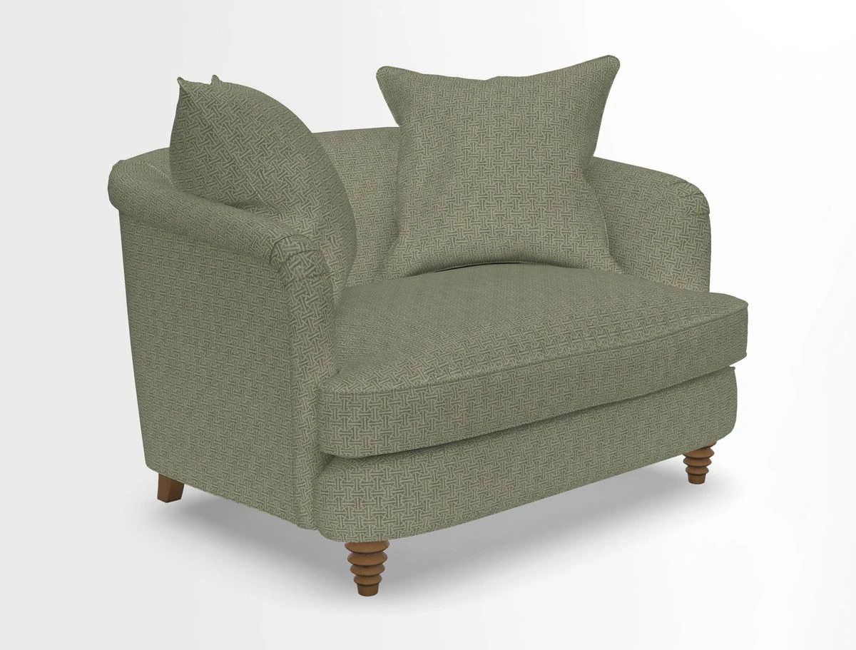 Helmsley Snuggler in V&A Threads of India Opulent Velvets Forest Creatures Hunter piping in Swiss Velvet Olive and scatter in Stockport Stripe Flame