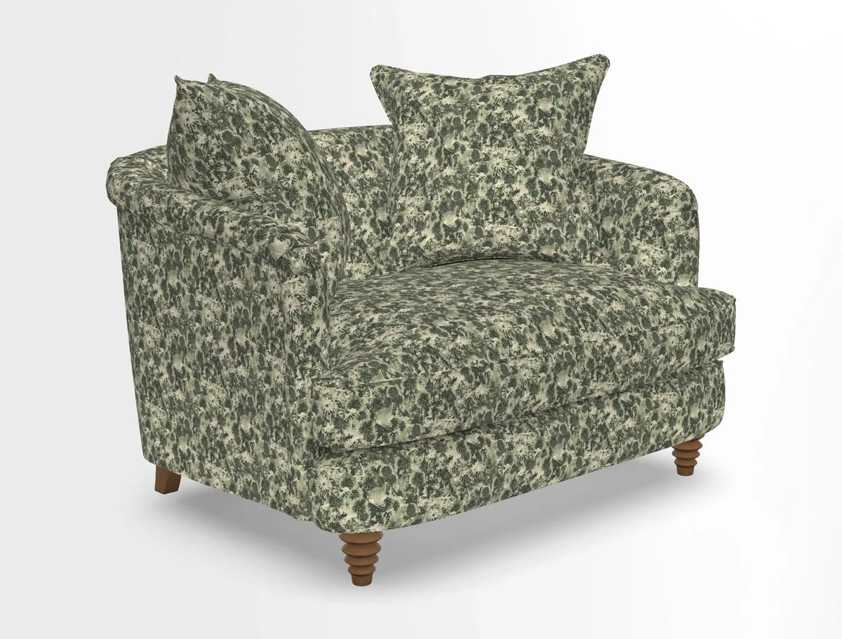 Helmsley Snuggler in V&A Threads of India Opulent Velvets Forest Creatures Hunter piping in Swiss Velvet Olive and scatter in Stockport Stripe Flame