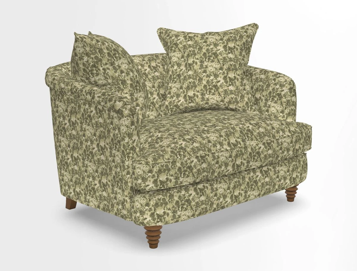 Helmsley Snuggler in V&A Threads of India Opulent Velvets Forest Creatures Hunter piping in Swiss Velvet Olive and scatter in Stockport Stripe Flame