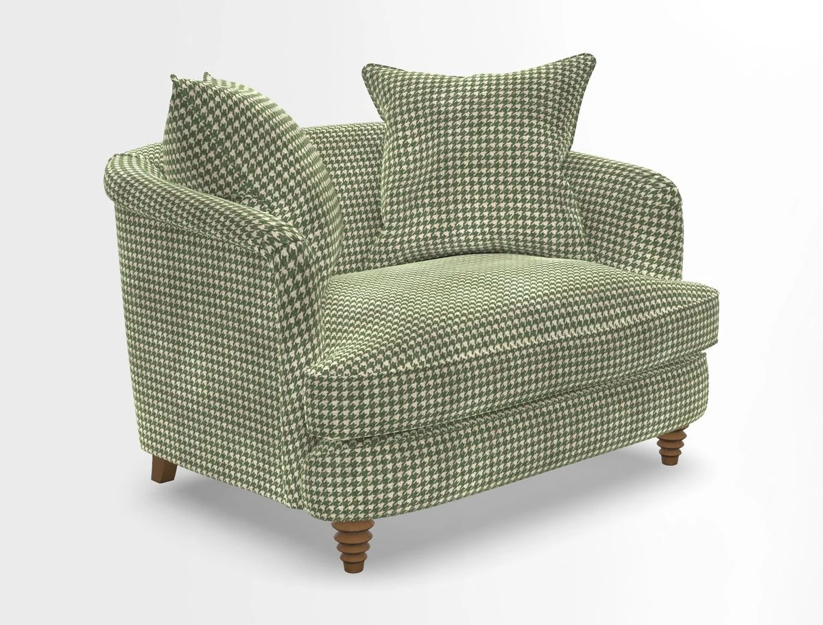 Helmsley Snuggler in V&A Threads of India Opulent Velvets Forest Creatures Hunter piping in Swiss Velvet Olive and scatter in Stockport Stripe Flame