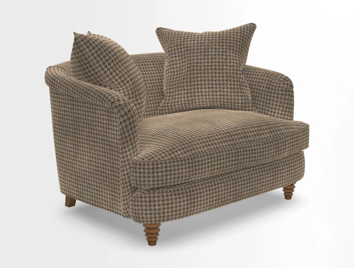 Helmsley Snuggler in V&A Threads of India Opulent Velvets Forest Creatures Hunter piping in Swiss Velvet Olive and scatter in Stockport Stripe Flame