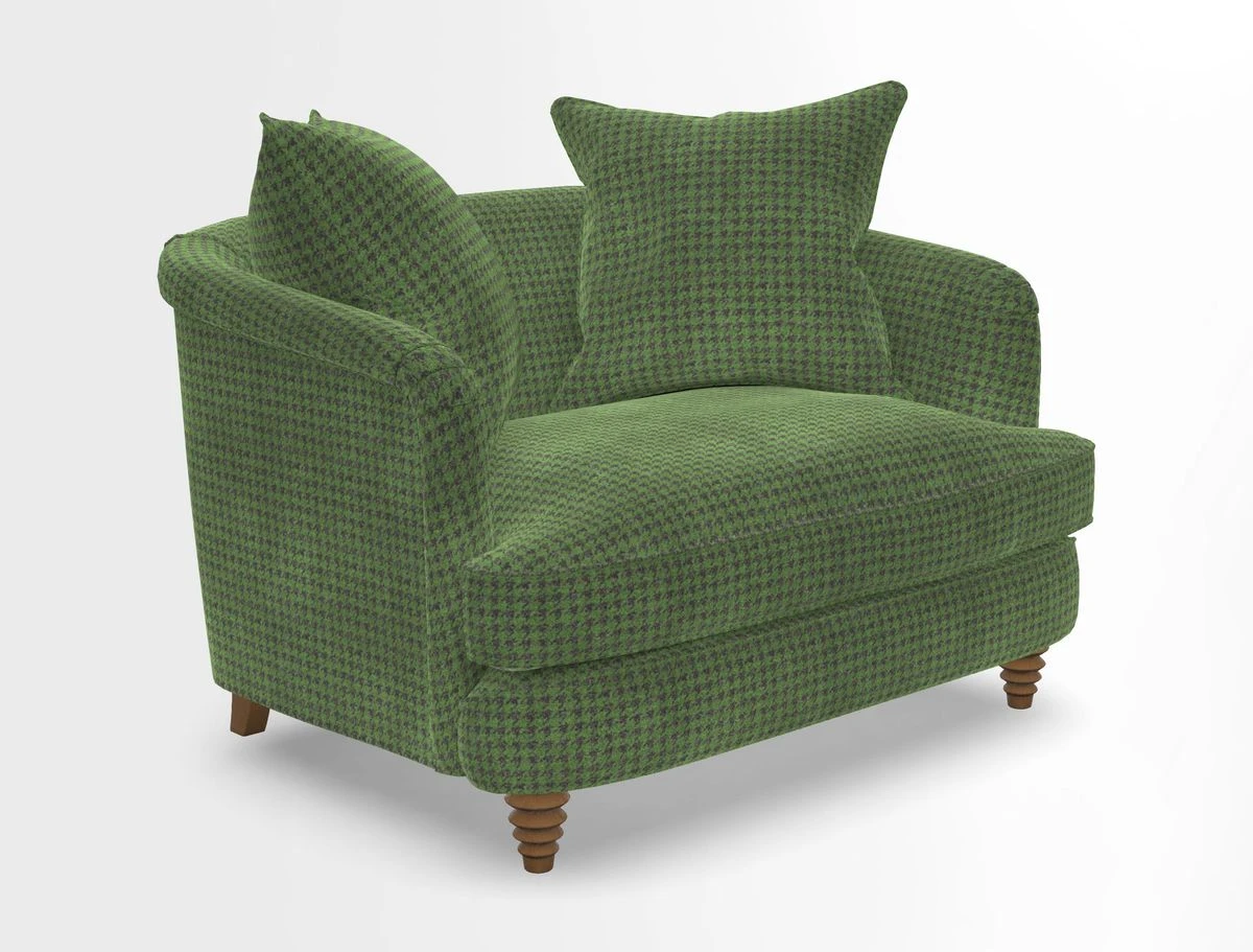 Helmsley Snuggler in V&A Threads of India Opulent Velvets Forest Creatures Hunter piping in Swiss Velvet Olive and scatter in Stockport Stripe Flame