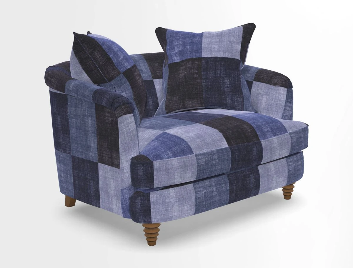 Helmsley Snuggler in V&A Threads of India Opulent Velvets Forest Creatures Hunter piping in Swiss Velvet Olive and scatter in Stockport Stripe Flame