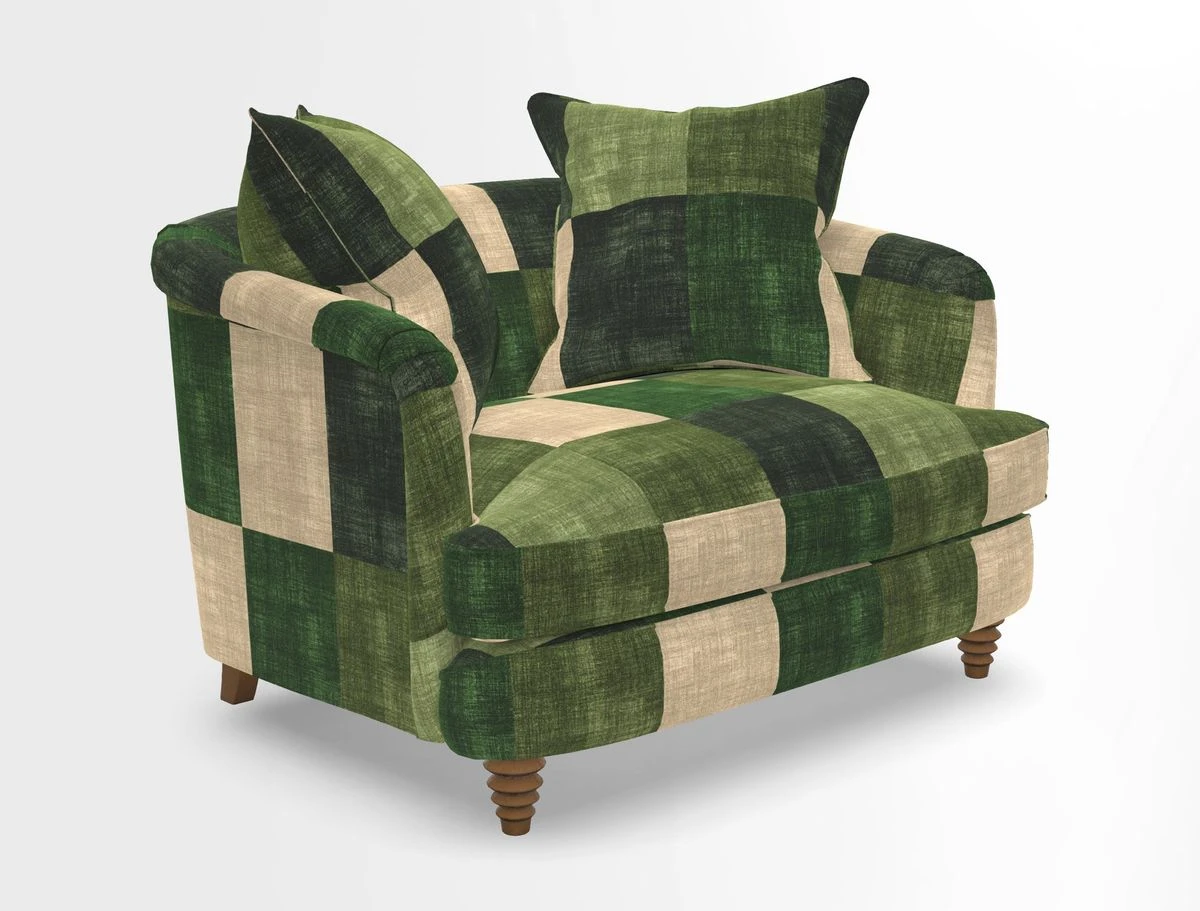 Helmsley Snuggler in V&A Threads of India Opulent Velvets Forest Creatures Hunter piping in Swiss Velvet Olive and scatter in Stockport Stripe Flame