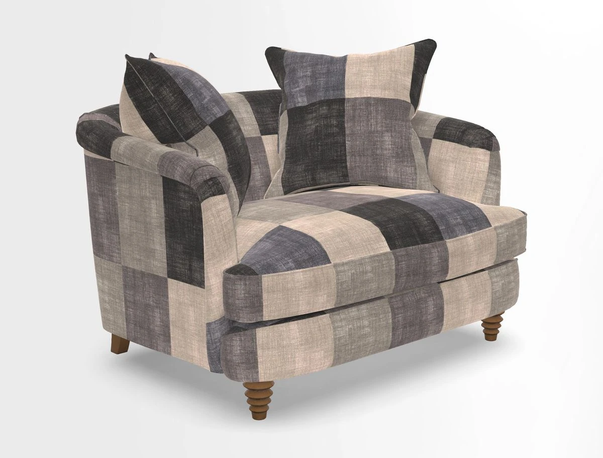Helmsley Snuggler in V&A Threads of India Opulent Velvets Forest Creatures Hunter piping in Swiss Velvet Olive and scatter in Stockport Stripe Flame