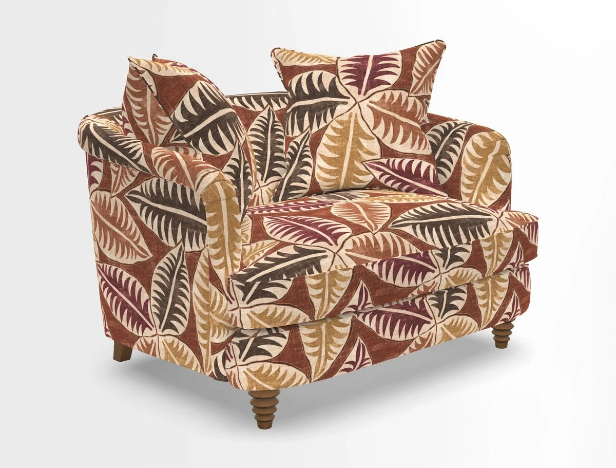 Helmsley Snuggler in V&A Threads of India Opulent Velvets Forest Creatures Hunter piping in Swiss Velvet Olive and scatter in Stockport Stripe Flame