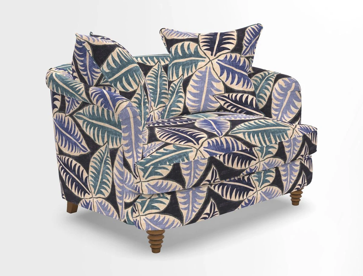 Helmsley Snuggler in V&A Threads of India Opulent Velvets Forest Creatures Hunter piping in Swiss Velvet Olive and scatter in Stockport Stripe Flame