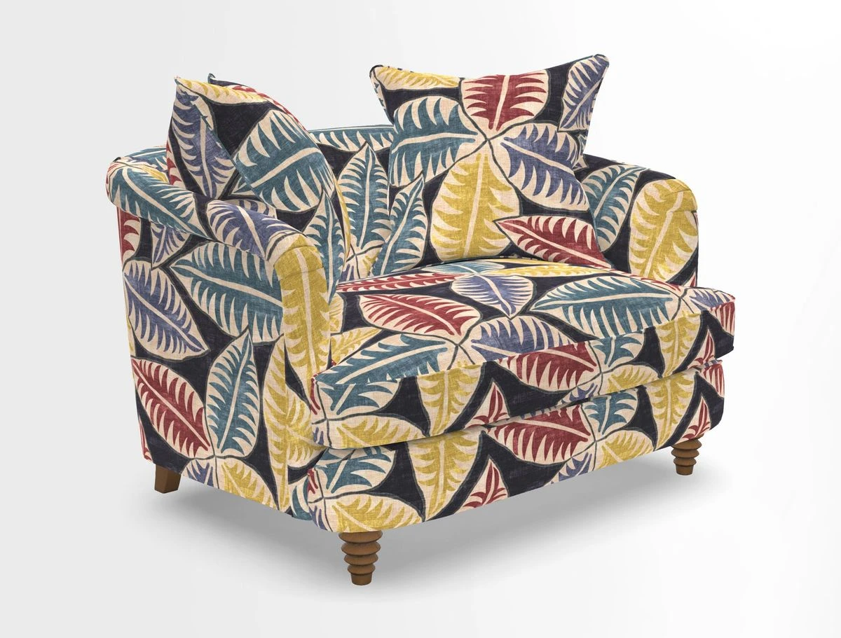 Helmsley Snuggler in V&A Threads of India Opulent Velvets Forest Creatures Hunter piping in Swiss Velvet Olive and scatter in Stockport Stripe Flame