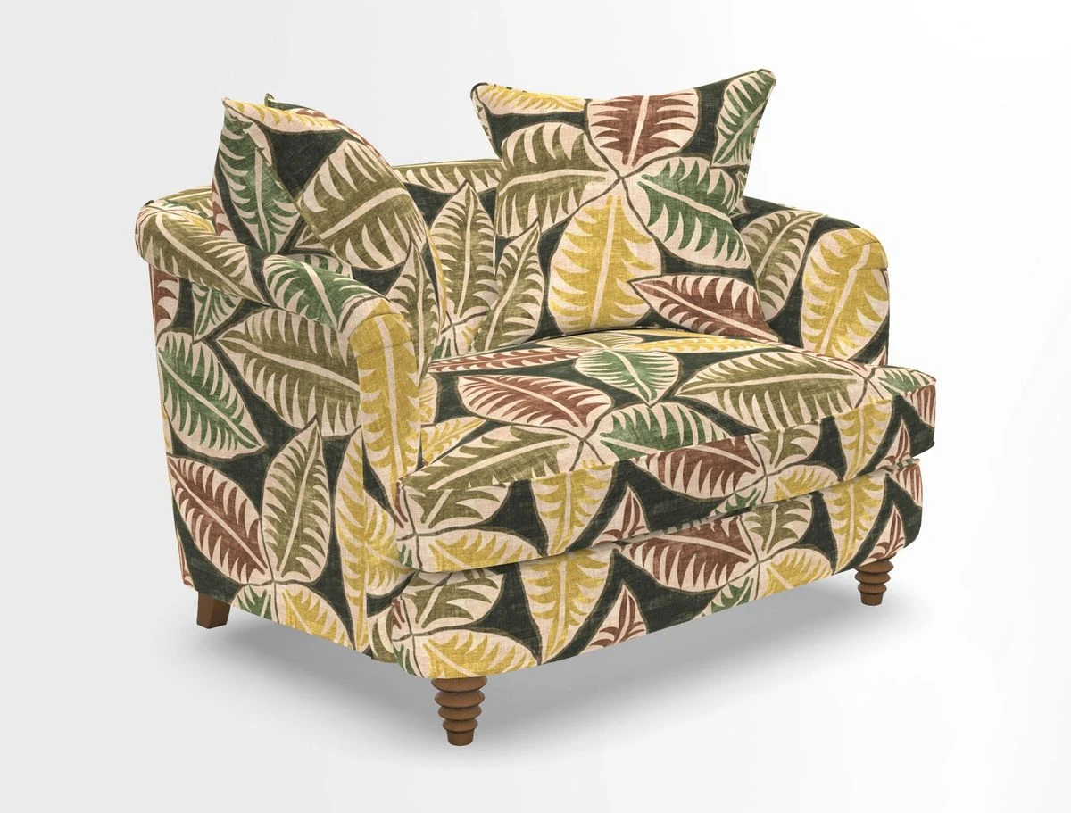 Helmsley Snuggler in V&A Threads of India Opulent Velvets Forest Creatures Hunter piping in Swiss Velvet Olive and scatter in Stockport Stripe Flame