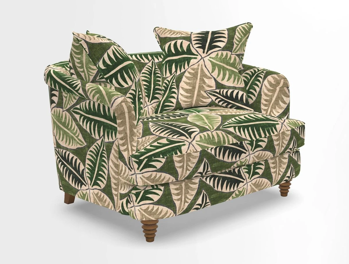 Helmsley Snuggler in V&A Threads of India Opulent Velvets Forest Creatures Hunter piping in Swiss Velvet Olive and scatter in Stockport Stripe Flame