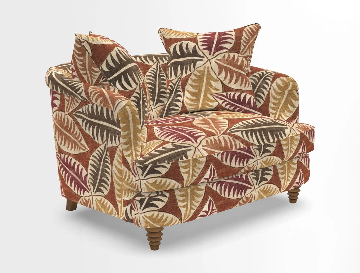 Helmsley Snuggler in V&A Threads of India Opulent Velvets Forest Creatures Hunter piping in Swiss Velvet Olive and scatter in Stockport Stripe Flame