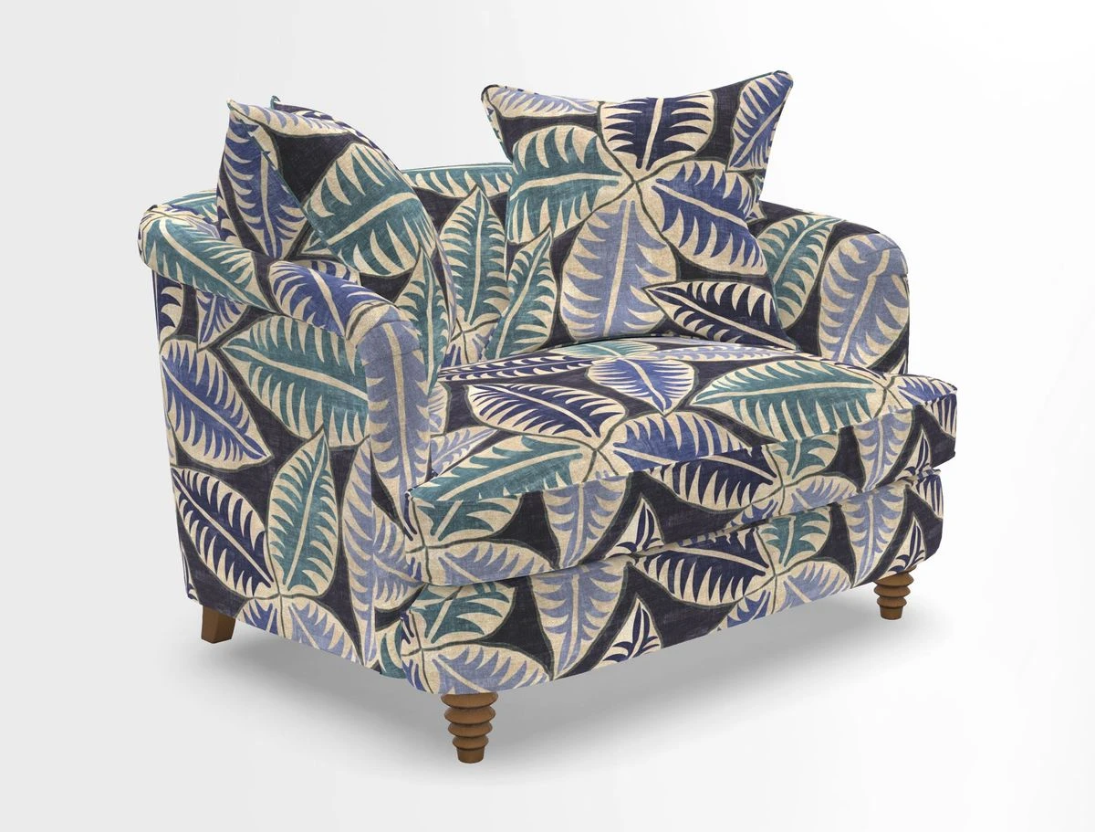 Helmsley Snuggler in V&A Threads of India Opulent Velvets Forest Creatures Hunter piping in Swiss Velvet Olive and scatter in Stockport Stripe Flame