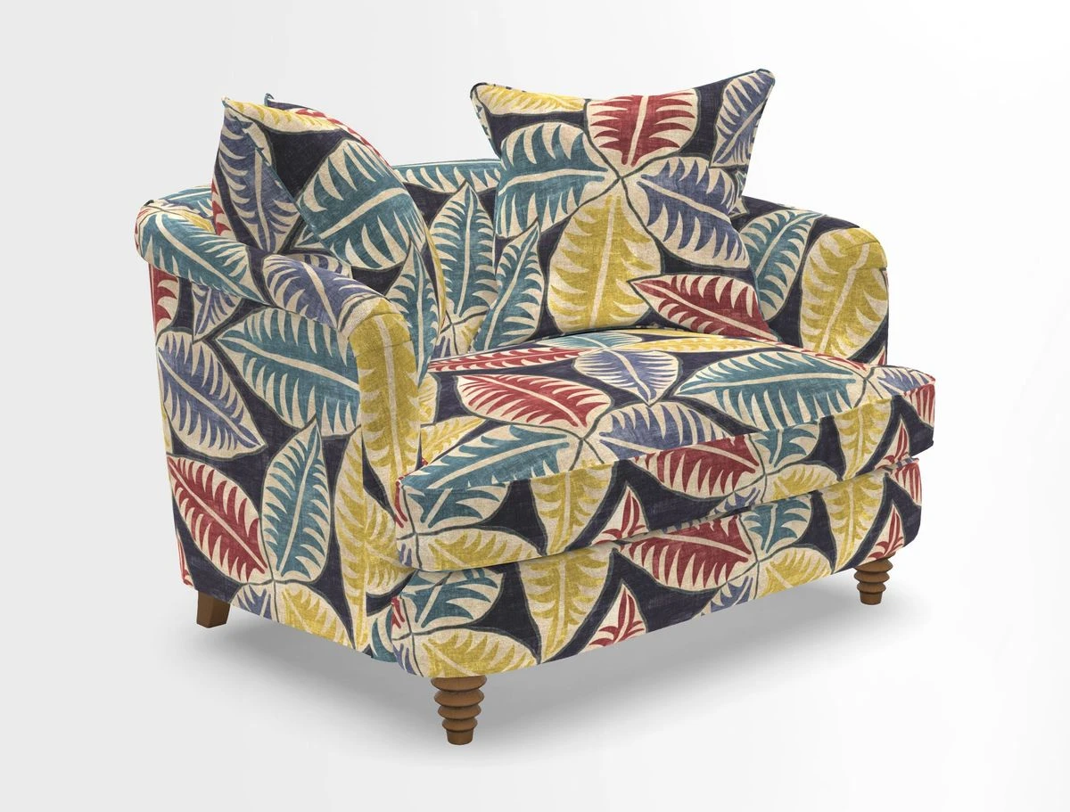 Helmsley Snuggler in V&A Threads of India Opulent Velvets Forest Creatures Hunter piping in Swiss Velvet Olive and scatter in Stockport Stripe Flame