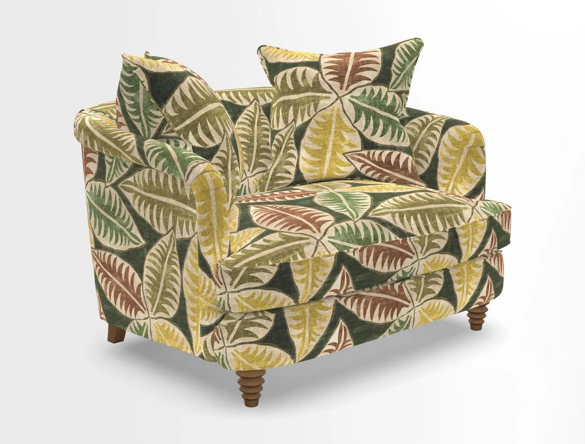 Helmsley Snuggler in V&A Threads of India Opulent Velvets Forest Creatures Hunter piping in Swiss Velvet Olive and scatter in Stockport Stripe Flame