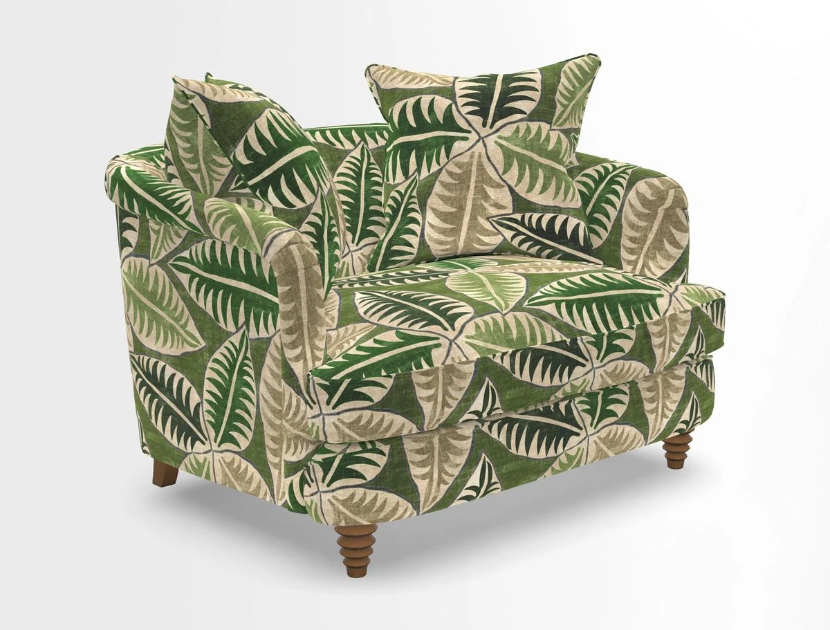 Helmsley Snuggler in V&A Threads of India Opulent Velvets Forest Creatures Hunter piping in Swiss Velvet Olive and scatter in Stockport Stripe Flame