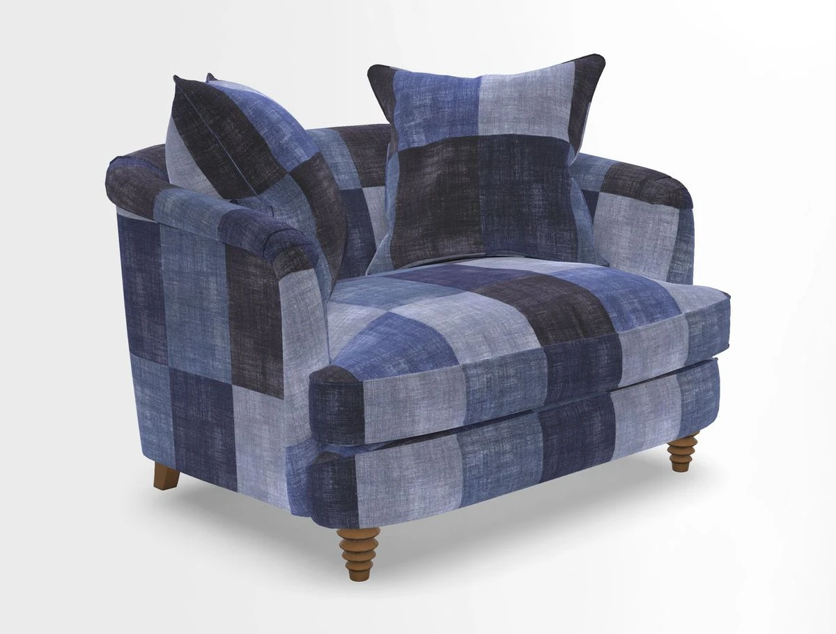 Helmsley Snuggler in V&A Threads of India Opulent Velvets Forest Creatures Hunter piping in Swiss Velvet Olive and scatter in Stockport Stripe Flame