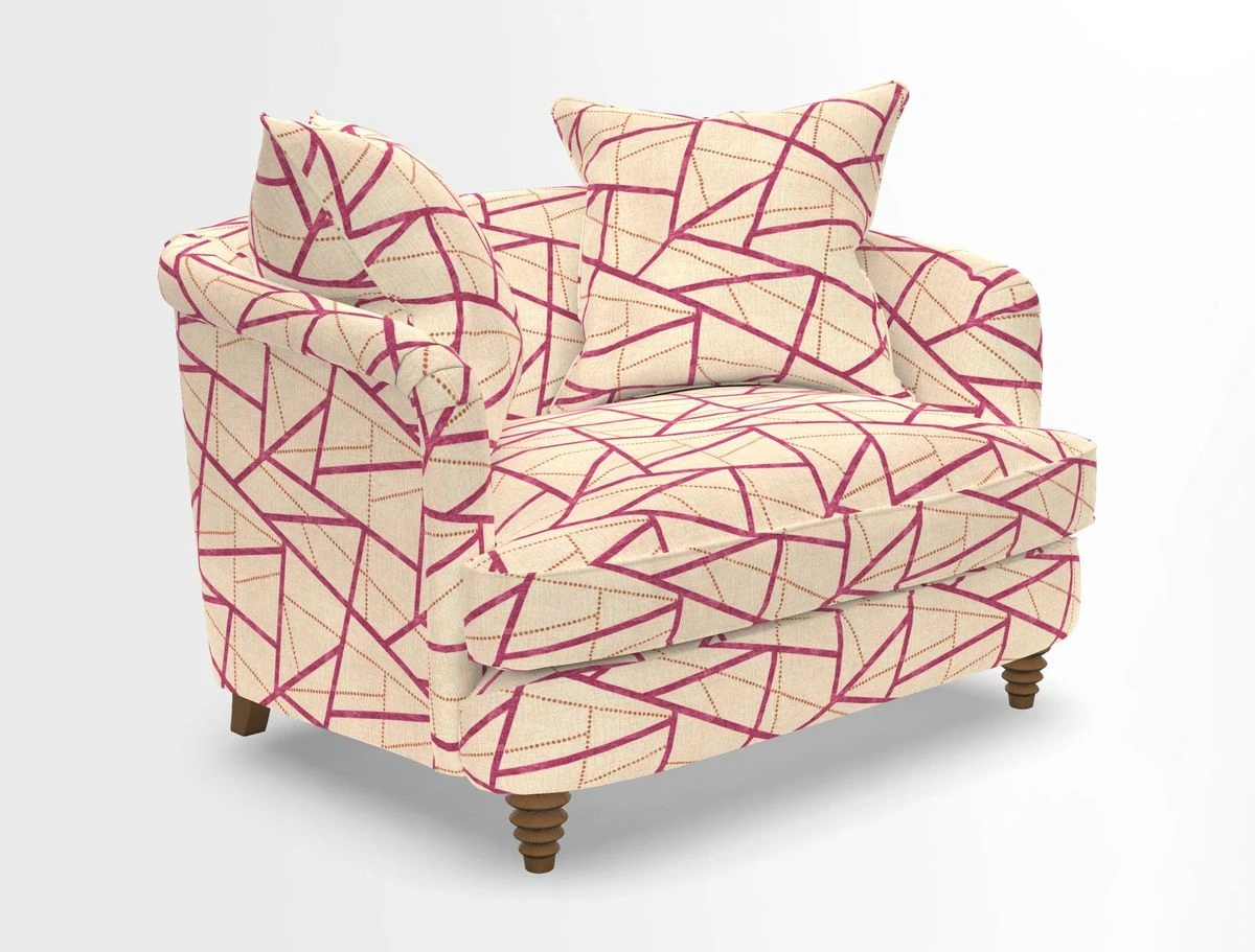Helmsley Snuggler in V&A Threads of India Opulent Velvets Forest Creatures Hunter piping in Swiss Velvet Olive and scatter in Stockport Stripe Flame